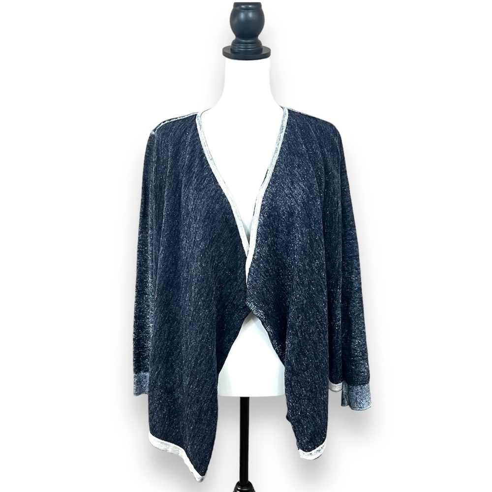 Chico's Open Front Waterfall Navy Silver Metallic Sparkly Cardigan Sz 2 (L 12)
